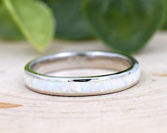 Opal Eternity Ring | 925 Sterling Silver White Opal Stackable Band | Unique Rings for Women | 3mm Eternity White Opal Band | Opal Thumb Ring