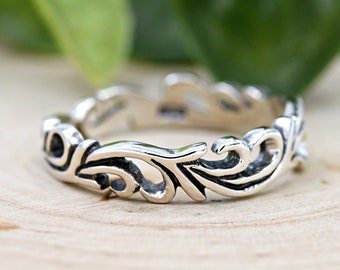 Anillo abierto de filigrana de plata de ley oxidada para el pulgar, anillo ajustable midi con tracería de filigrana, anillo de filigrana para el pulgar para mujer, anillo envolvente