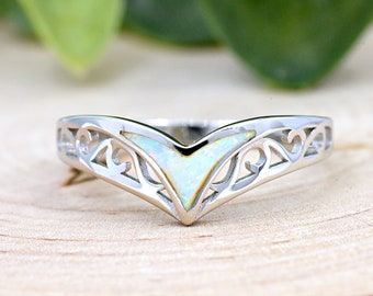White Opal Inlay Filigree Sides V Shape Sterling Silver  Ring | Delicate Opal Chevron Ring | Minimalist Wishbone Created Opal Thumb Ring