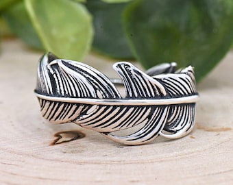 Oxidized Silver Vintage Style Sideways Feather Ring, Religious Ring, Solid 925 Sterling Silver Boho Style Angel Wing Feather Thumb Ring