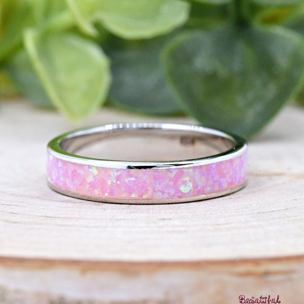 Minimalist 4mm Solid 925 Sterling Silver Band Pink Opal Inlay Simple Ring, Opal Eternity Ring, Dainty Pink Opal Anniversary Ring