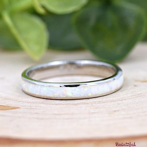 Opal Eternity Ring 925 Sterling Silver White Opal Stackable Band Unique Rings for Women 3mm Eternity White Opal Band Opal Thumb Ring image 1