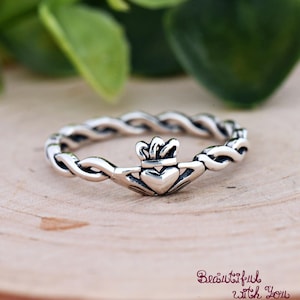 Rope Knot Traditional Irish Celtic Claddagh Ring Solid 925 Sterling Silver Twisted Celtic Knot Claddagh Promise Engagement Ring Girls Womens