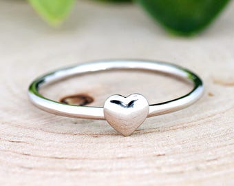 Solitaire Small Heart Silver Ring, High Polished 925 Sterling Silver Heart Ring Girls Womens Childrens, Valentines Gift, Heart Promise Ring