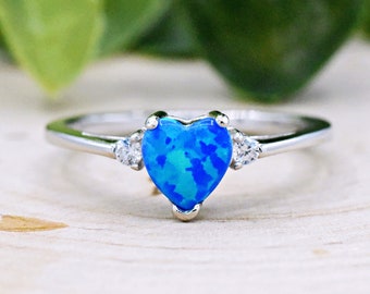 Heart Blue Opal Birthstone Kids Girls Womens Ring, Sterling Silver Simulated Blue Opal Ring, Birthday Gift Idea, Valentines Christmas Gift