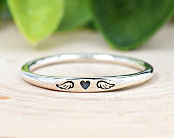 Tiny Dainty Small Heart & Wings Engraved Promise Ring Minimalist Signet Style Flat Top 925 Sterling Silver Womens Engagement Wedding Ring