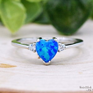 Heart Blue Opal Birthstone Kids Girls Womens Ring, Sterling Silver Simulated Blue Opal Ring, Birthday Gift Idea, Valentines Christmas Gift