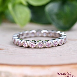 3mm 925 Sterling Silver October Birthstone Pink Round Cubic Zirconia Color Bezel Set Eternity Band Bubble Ring Minimalist Trendy Jewelry