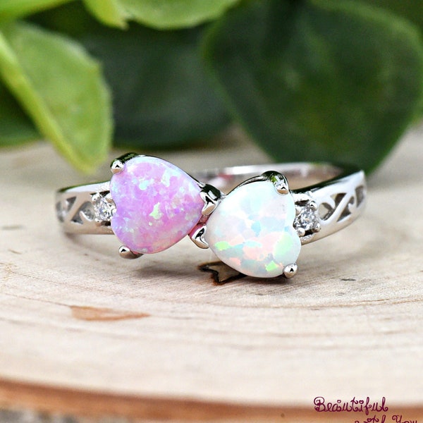 Solid 925 Sterling Silver White Fire Opal Heart & Pink Opal Heart CZ Accented Side Filigree Girls Womens Ring