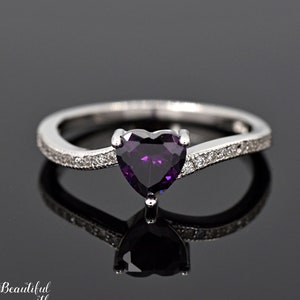 Solid 925 Sterling Silver Bypass Heart February Simulated Amethyst Purple Color Cubic Zirconia Birthstone Ring Gifs Womens Birthday Gift