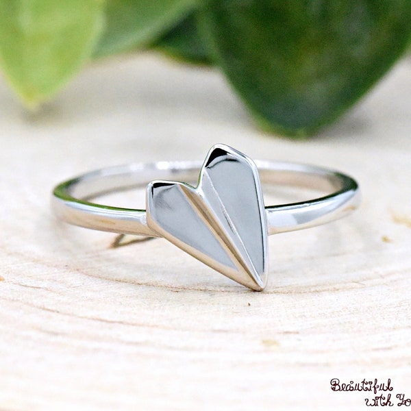 Minimalist Origami Airplane Silver Ring, Solid 925 Sterling Silver Cute Airplane Ring, Girls Ladies Womens Paper Airplane Ring, Trendy Ring