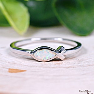 Dainty 4mm Christian Ichthys White Opal Inlay Ring, Fish Ring, Solid 925 Sterling Silver Fish Ring Band, Lab Created Opal Inlay, Womens Ring