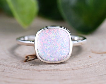 Round Square Bezel Set Solitaire Wedding Ring, Sterling Silver Opal Ring, Minimalist Opal Ring, Women's Silver Opal Ring, Gift for Her