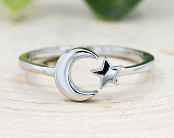 Sterling Silver Crescent Moon & Star Open Adjustable Ring, Lunar Moon Star Celestial Flexible Midi Thumb Ring Band, Minimalist Jewelry