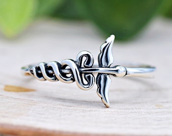 Caduceus Staff Ring, Two Serpents with Wings Greek Myth Caduceus Staff Ring, Symbol of Medicine Ring, Rod of Asclepius Sterling Silver Ring