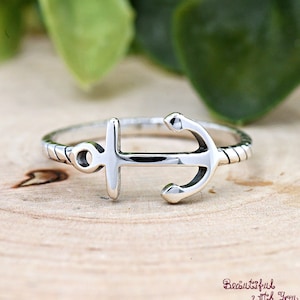 Sterling Silver Minimalist Sideways Anchor Ring, Ship Anchor Rope Band Ring, Womens Anchors Christians Hope Ring, Anchor Promise Ring