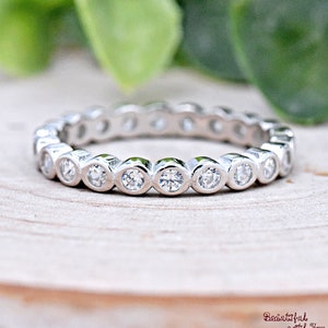Solid 925 Sterling Silver High Polished 3mm Round Cubic Zirconia Bezel Set Eternity Band Stackable Engagement Ring