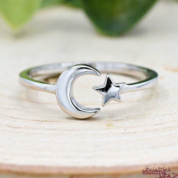 Sterling Silver Crescent Moon & Star Open Adjustable Ring, Lunar Moon Star Celestial Flexible Midi Thumb Ring Band, Minimalist Jewelry