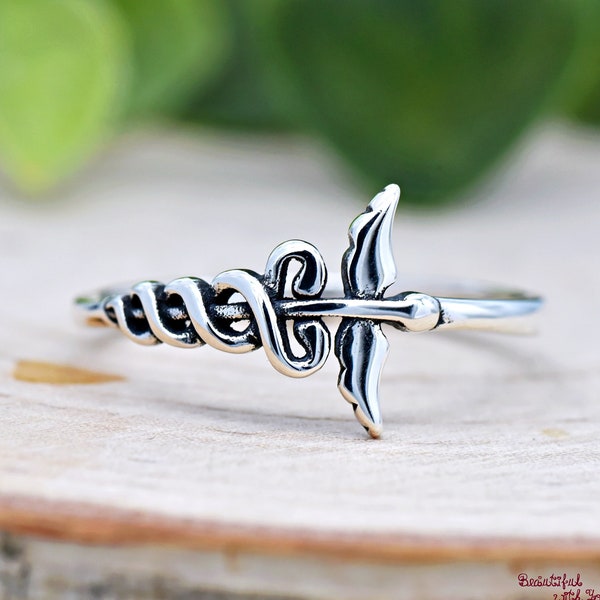 Caduceus Staff Ring, Two Serpents with Wings Greek Myth Caduceus Staff Ring, Symbol of Medicine Ring, Rod of Asclepius Sterling Silver Ring