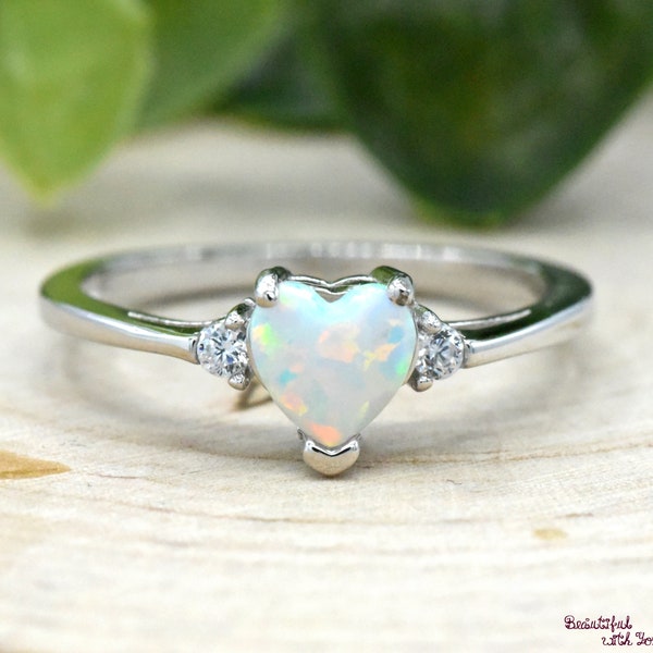 October Birthstone Ring, Simulated Lab Created White Opal Birthstone Ring, Kids Girls Womens Birthstone Ring, 925 Sterling Silver Opal Ring