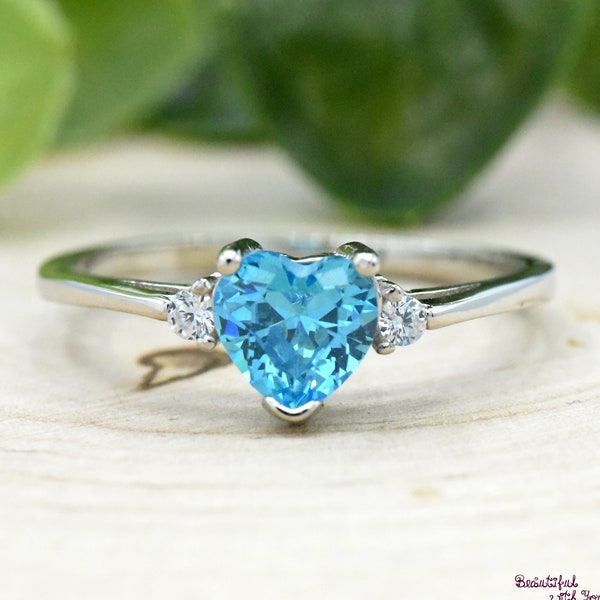 March Birthstone Ring, Simulated Heart Aquamarine Cubic Zirconia Birthstone Ring, Girls Womens Birthstone Ring, 925 Sterling Silver Ring