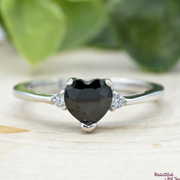 Simulated Heart Onyx Black Cubic Zirconia Ring, Girls Womens Birthstone Ring, 925 Sterling Silver Heart Ring, Black CZ Silver Ring, Onyx CZ