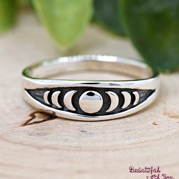 Moon Phases Carved Center Semi Dome Style Ring, Solid 925 Sterling Silver Ring, Women's Silver Ring, Minimalist Sky Ring