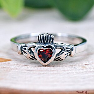 Dainty Kids Baby Girls Celtic Claddagh Ring, Heart CZ Bezel Set Claddagh Ring, January Birthstone Garnet Red Heart CZ Ring, Birthday Gift