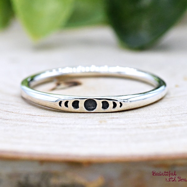 2mm Skinny Flat Top Signet Style Phases of the Moon Engraved Ring, Unique Moon Phase Ring Silver, Solid 925 Sterling Silver Lunar Ring