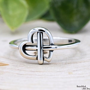 Sideways Cross With Heart Ring Solid 925 Sterling Silver Cross