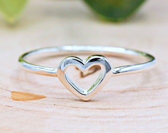 Open Heart Silver Ring, High Polished Sterling Silver Cute Heart Girls Womens Children Ring, Mom & Daughter Ring, Christmas Valentines Gift