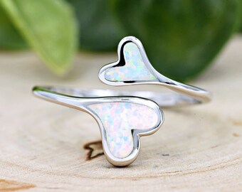 Sterling Silver Minimalist Opal Inlay Heart Open Adjustable Thumb Ring, White Opal Heart Wraparound Ring, Open Thumb Ring, Created Opal Ring