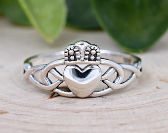 Braided Knot Sides Heart Crown Celtic Claddagh Silver Ring, Solid 925 Sterling Silver Trinity Knot Irish Claddagh Ring, Anniversary Gift
