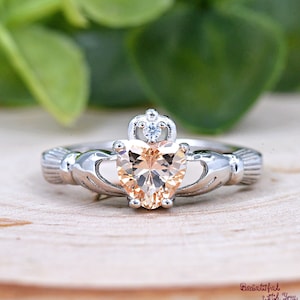 Champagne Peach Color Heart Cubic Zirconia Sterling Silver Claddagh Ring, Girls Womens Irish Claddagh Ring, Celtic Claddagh Friendship Ring