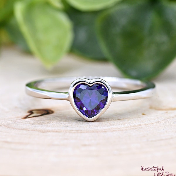 Sterling Silver Kids Girls Amethyst Heart CZ Bezel Set Ring, February Birthstone Purple CZ Colorful Ring, Children's Womens Fashion Ring