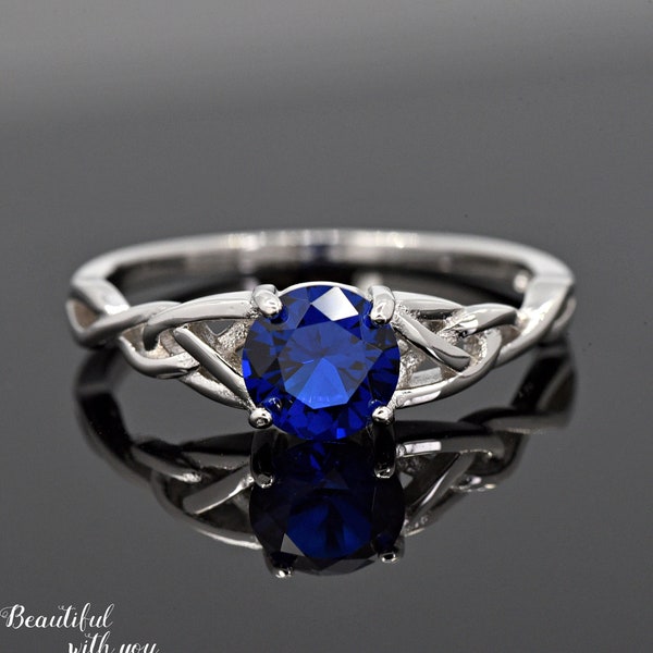 Solid 925 Sterling Silver 6mm September Birthstone Blue Sapphire Color Cubic Zirconia Celtic Knot Sides Engagement Statement Ring