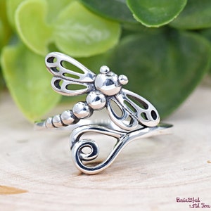 Dragonfly with Heart Ends Wraparound Ring, Insect Theme Dragonfly Silver Ring, Solid 925 Sterling Silver Womens Ring, Dainty Jewelry