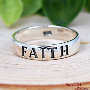 4.5mm Width Faith Hope and Love Engraved Christians Bible Word Engraved Silver Ring, Sterling Silver 1 Corinthians 13:13 Mens Womens Ring