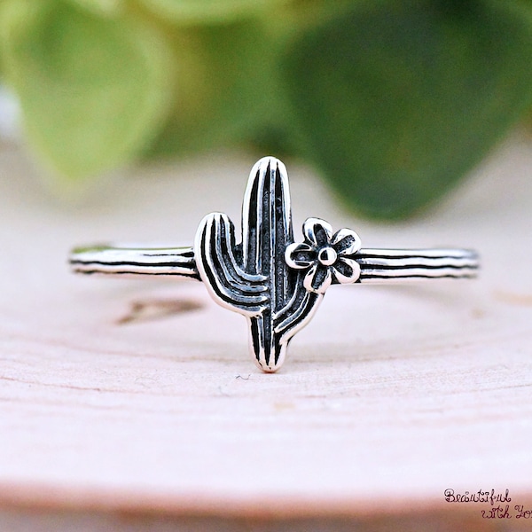 Vintage Style Cactus Ring, Cactus with Flower Silver Ring, Solid Oxidized 925 Sterling Silver Cactus Ring Band, Dainty Cactus Band Ring