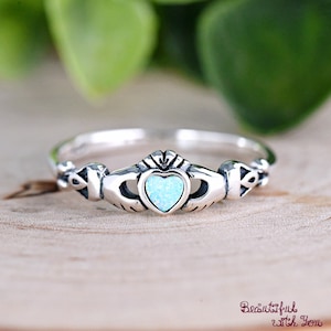 Sterling Silver Minimalist Tiny Heart Opal Bezel Set Claddagh Hands Ring, Traditional Irish Celtic Claddagh Ring for Girls Womens, Gift