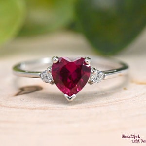 July Birthstone Ring, Simulated Heart Red Ruby Cubic Zirconia Birthstone Ring, Kids Girls Womens Ring, 925 Sterling Silver Ring Band