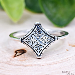 Bali Style Rhombus Filigree Ring, Vintage Bali Geometric Ring, Solid 925 Sterling Silver Oxidized Bali Ring, Ladies Women's Boho Ring