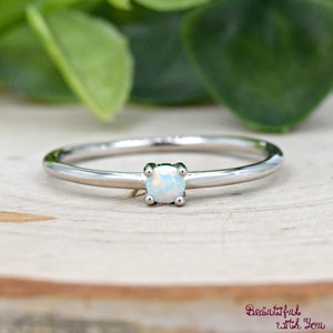 Solid 925 Sterling Silver 3mm Tiny Round White Opal Birthstone Solitaire Kids Girls Womens Simple Minimalist Ring