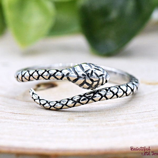 Oxidized Sterling Silver Snake Open Ring, Adjustable Midi Thumb Finger Wraparound Snake Ring, Gothic Style Snake Serpent Ring