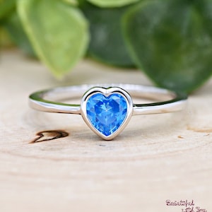 Aquamarine Color Heart CZ Bezel Set Ring, March Birthstone CZ Ring, Children&#39;s Fashion Ring, Birthday Sterling Silver Kids Girls Ring