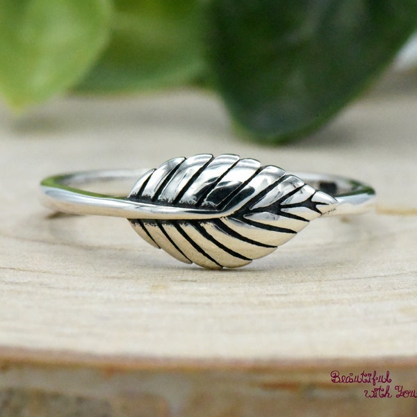 Sideways Leaf Ring, 925 Sterling Silver Leaf Nature Inspired Minimalist Design Ring, Dainty Leaves Ring Womens Everyday Casual Jewelry