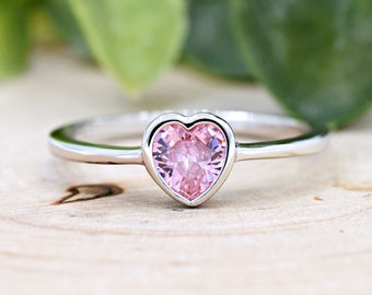 Sterling Silver Kids Girls Pink Color Heart CZ Bezel Set Ring, October Birthstone CZ Colorful Ring, Children's Fashion Ring, Birthday Gift