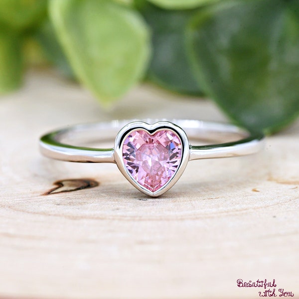 Sterling Silver Kids Girls Pink Color Heart CZ Bezel Set Ring, October Birthstone CZ Colorful Ring, Children's Fashion Ring, Birthday Gift