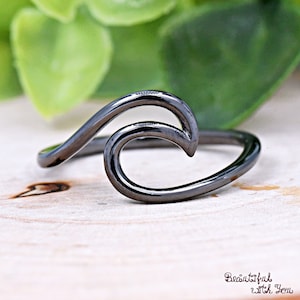 Vintage Black Rhodium Sterling Silver Wave Ring Oceans Tide Beach Jewelry Minimalist Simple Plain Dainty Band
