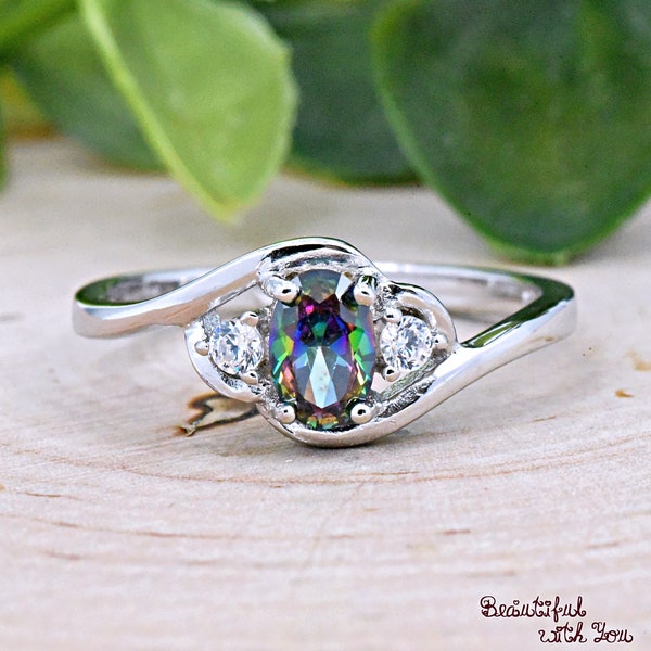 Dainty Oval Rainbow Topaz CZ Unique Promise Ring, Sterling Silver Mystic Topaz Ring, Women's Bypass Style Rainbow Topaz CZ Engagement Ring